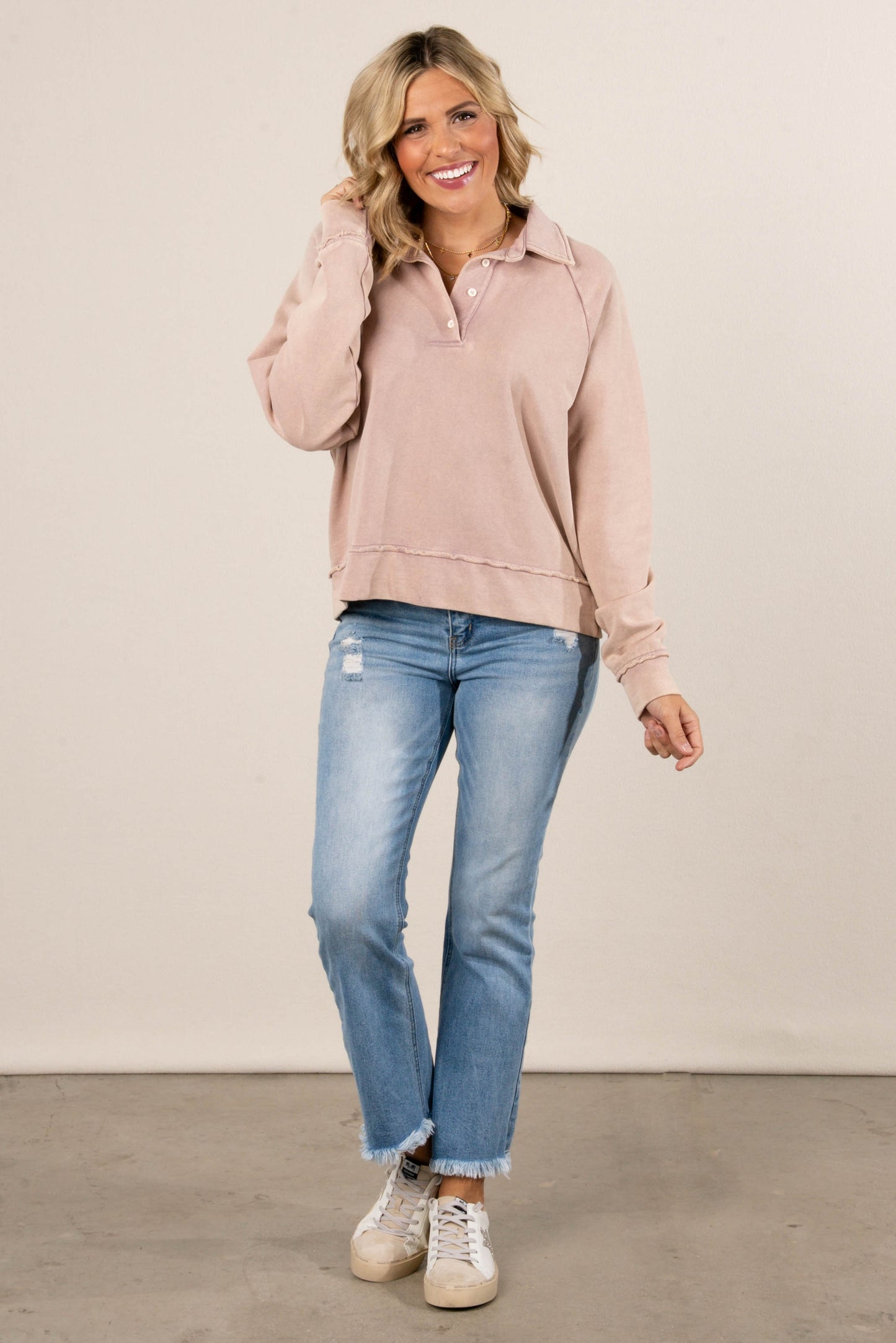 Washed Henley Polo Pullover