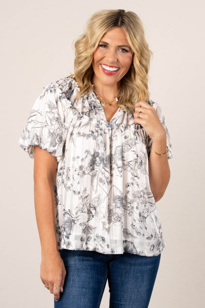 Floral Lurex Stripe Peasant Blouse