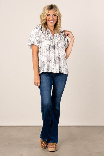 Floral Lurex Stripe Peasant Blouse