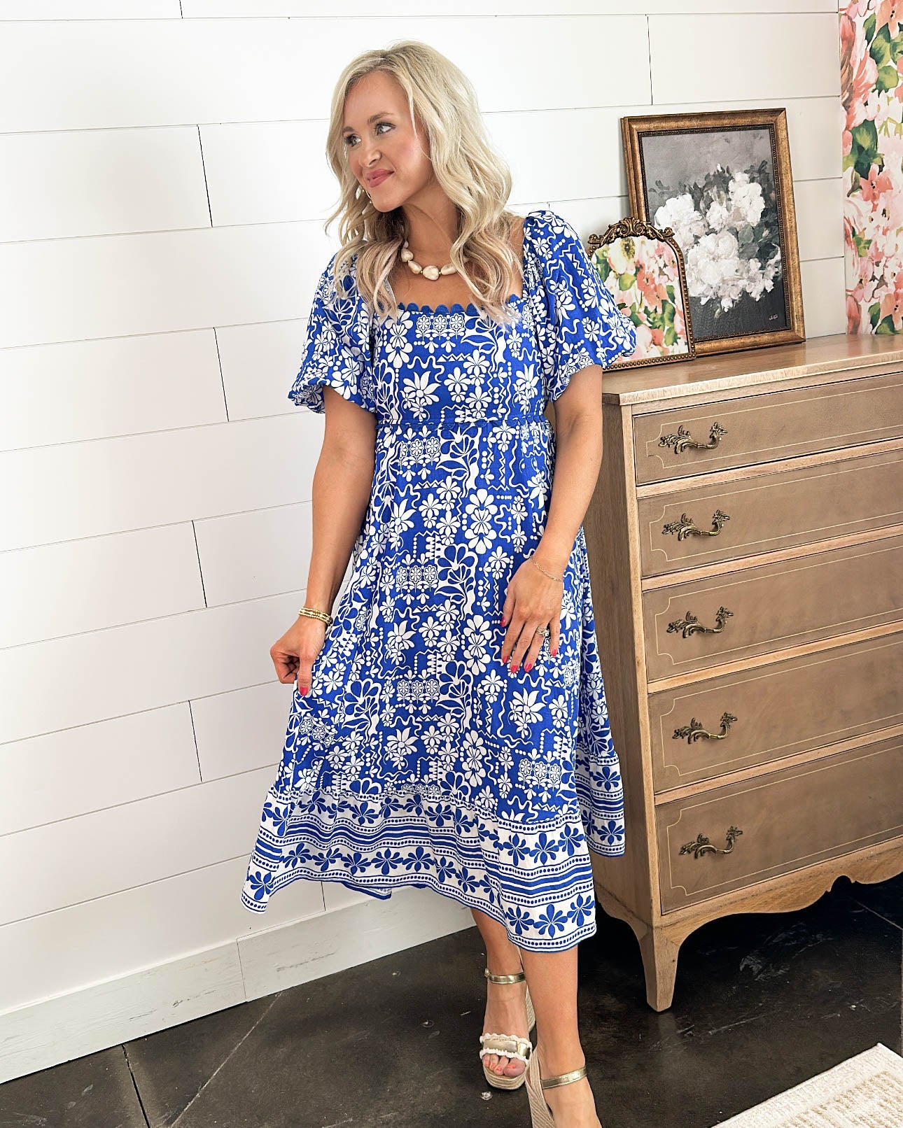 Floral Border Print Square Neck Midi Dress