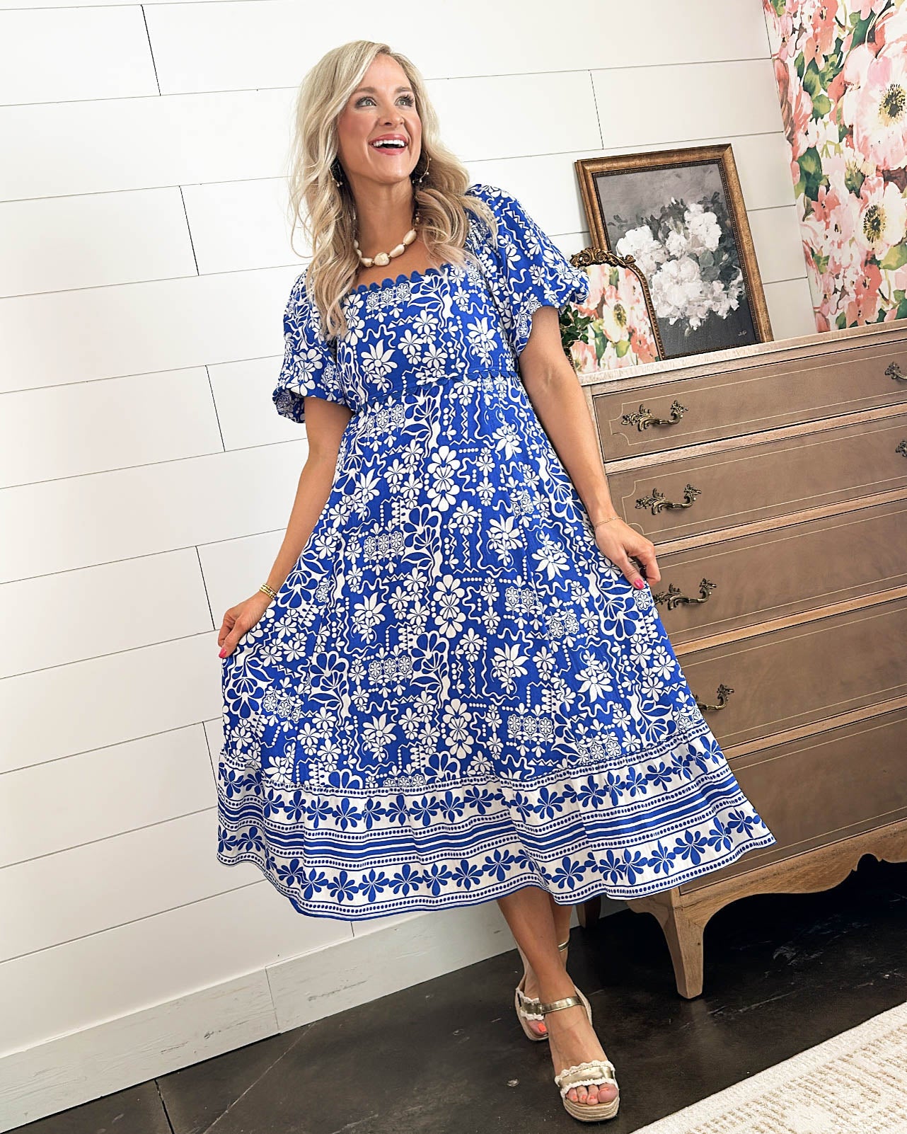 Floral Border Print Square Neck Midi Dress