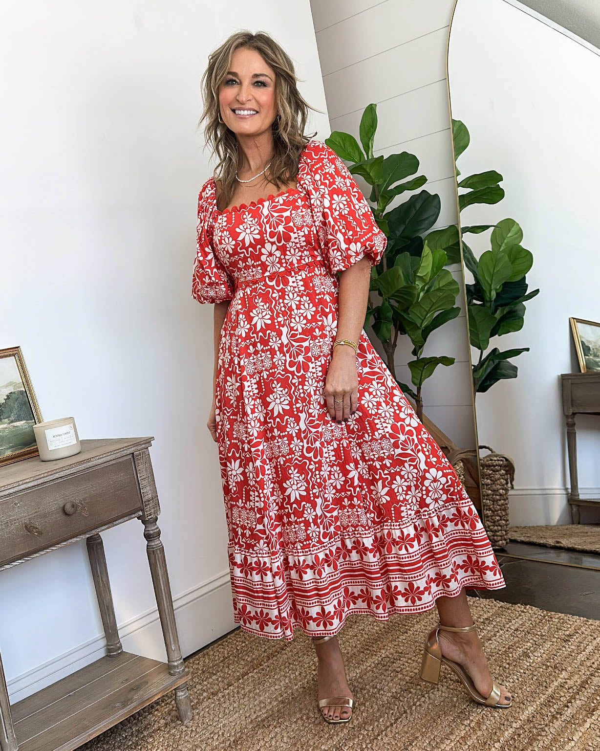 Floral Border Print Square Neck Midi Dress