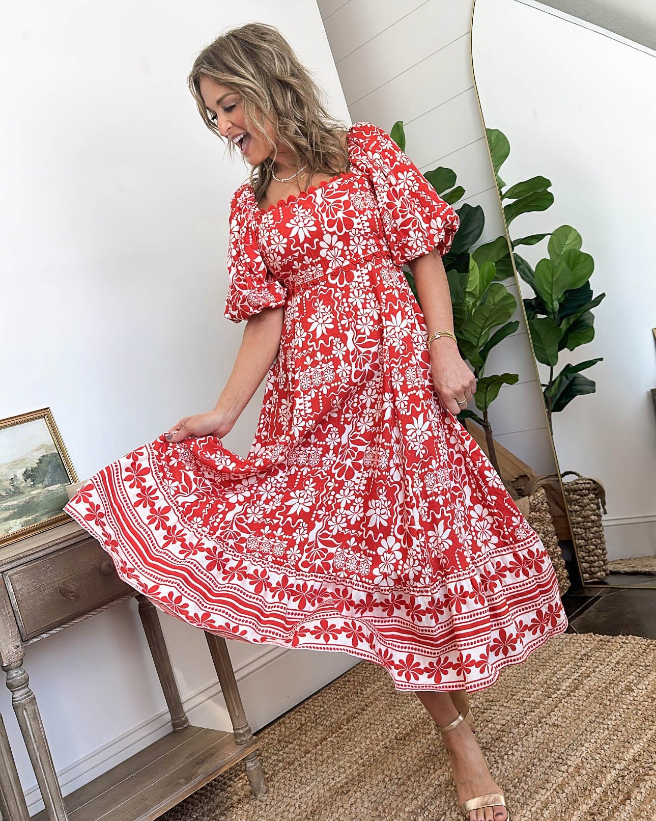 Floral Border Print Square Neck Midi Dress