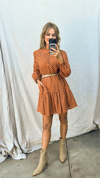 Eyelet Lace Overlay Frill Neck Dress