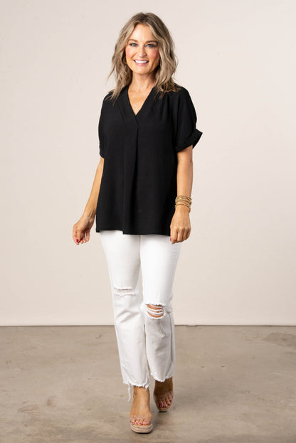Front Pleat Cuffed Sleeve Top