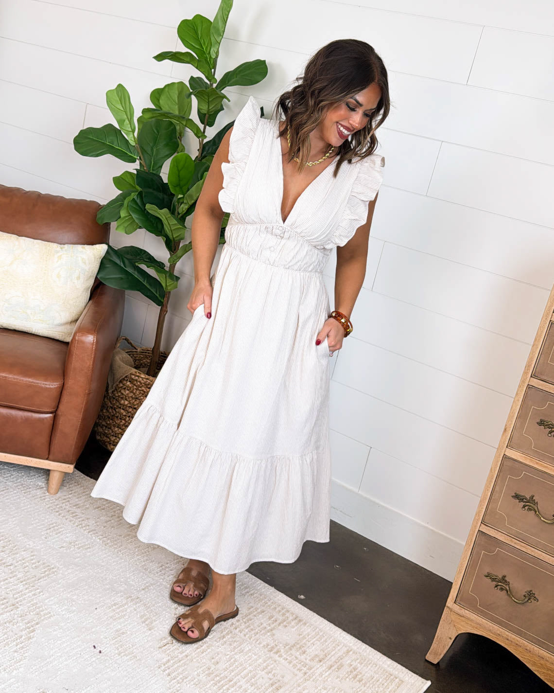 Pinstriped Open Tie Back Midi Dress | Glamour Farms – Glamour