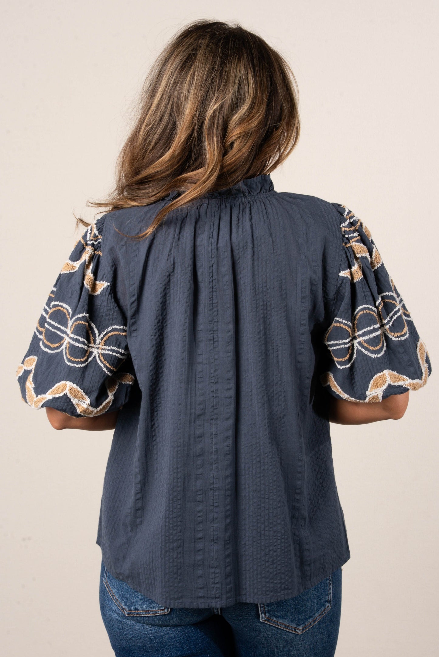 Textured Hand Embroidered Sleeve Top