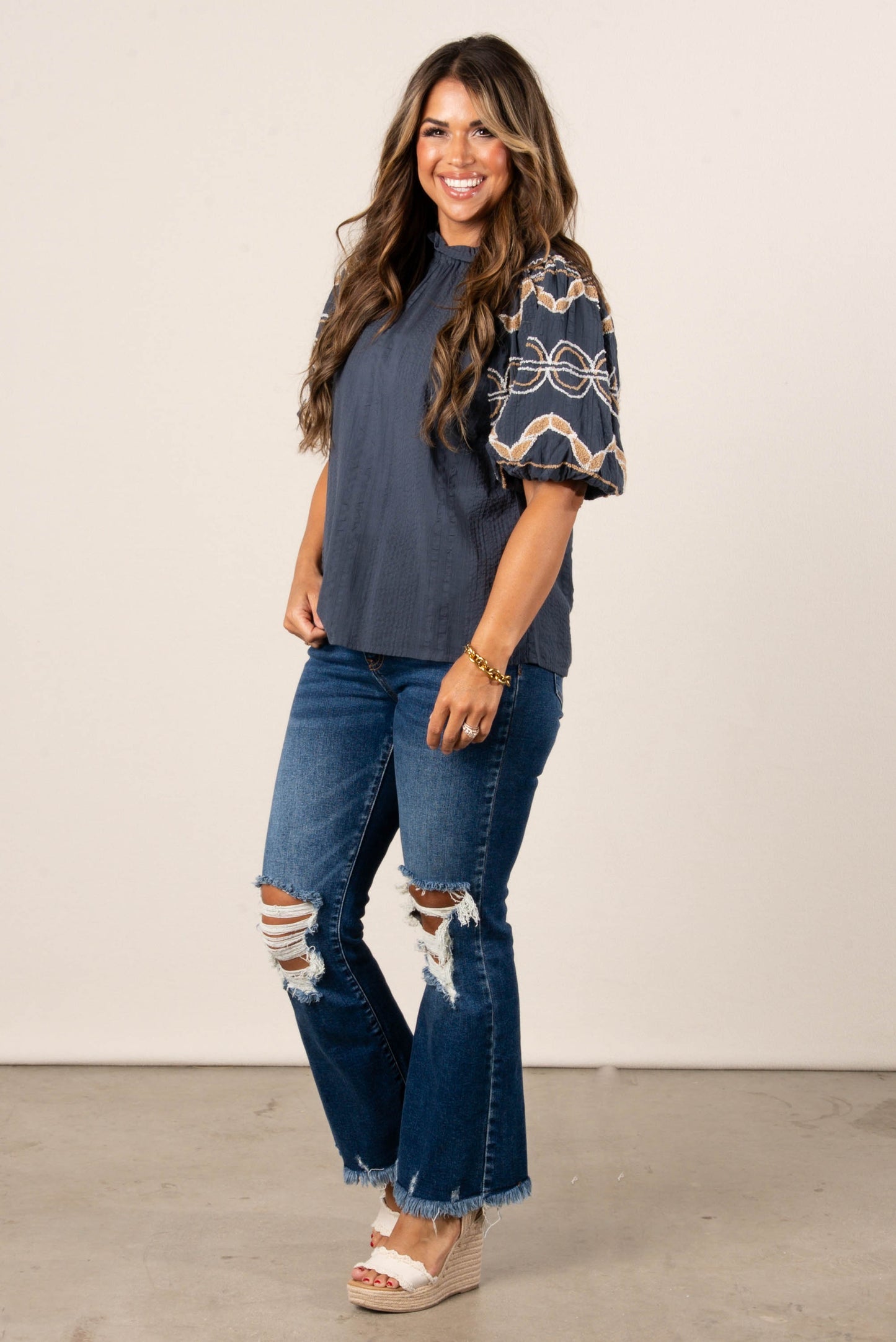 Textured Hand Embroidered Sleeve Top