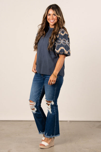 Textured Hand Embroidered Sleeve Top