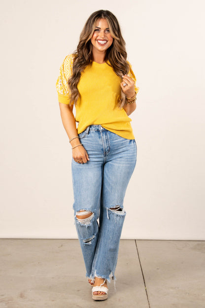 Ribbed Eyelet Sleeve Top