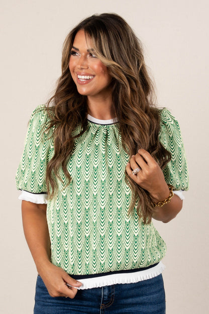 Jacquard Print Ruffle Trim Top