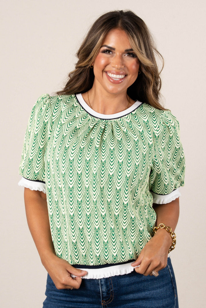 Jacquard Print Ruffle Trim Top