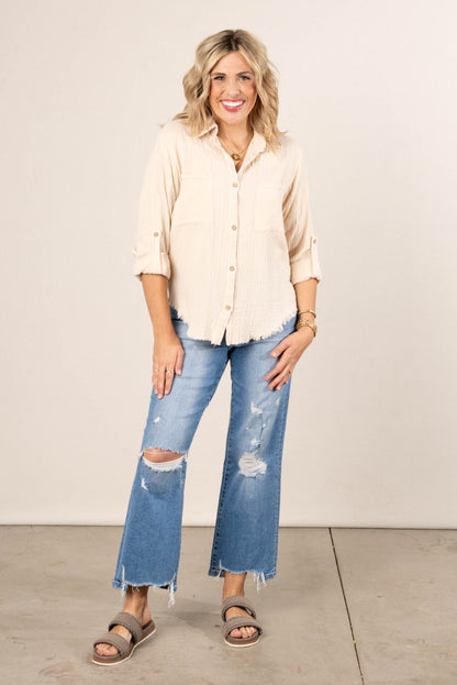Gauze Knit Tab Sleeve Shirt *Final Sale*