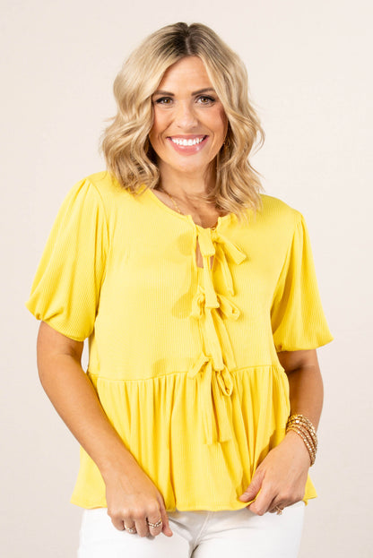 Ribbed Bow Front Babydoll Top in Lemon