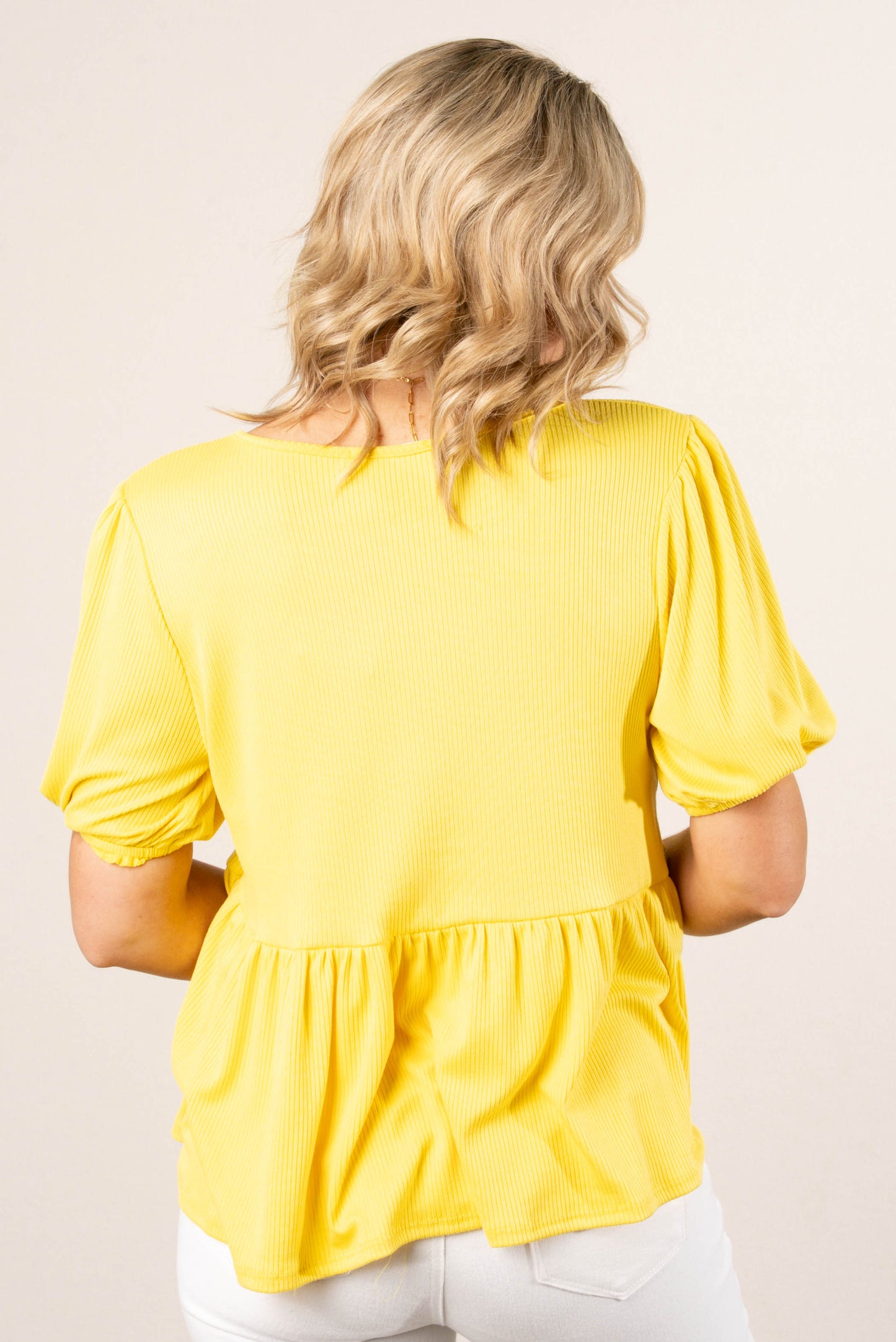 Ribbed Bow Front Babydoll Top in Lemon