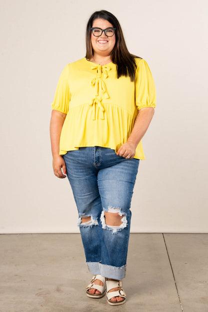 Ribbed Bow Front Babydoll Top in Lemon