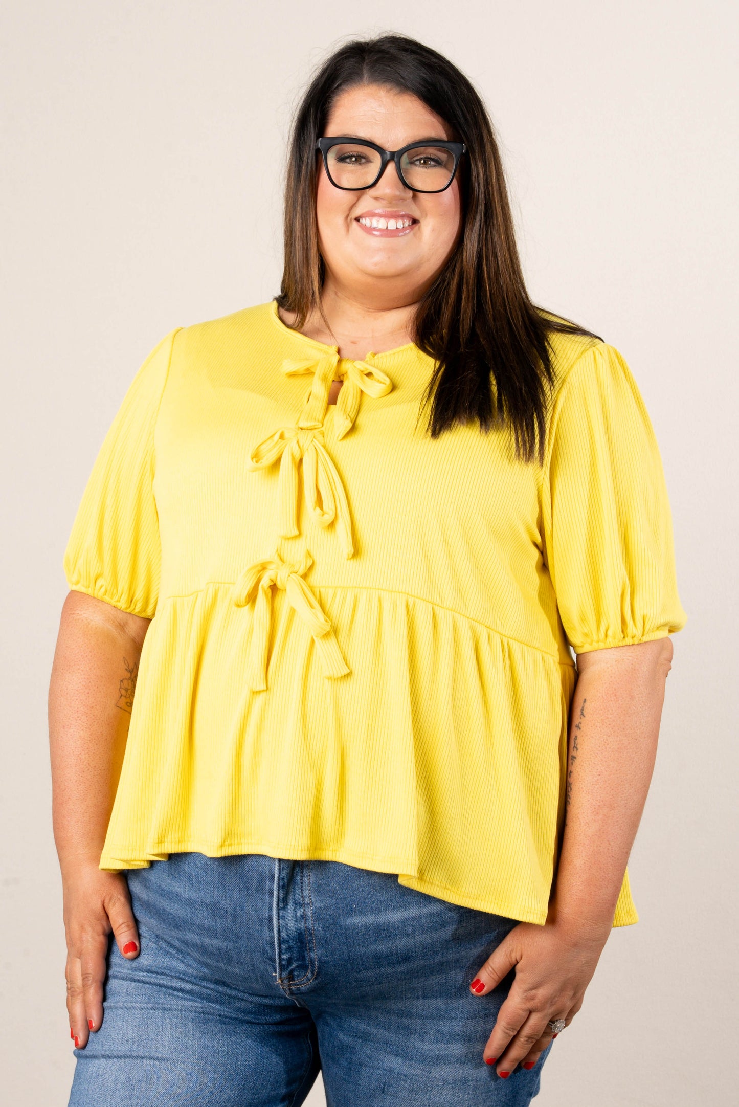Ribbed Bow Front Babydoll Top in Lemon