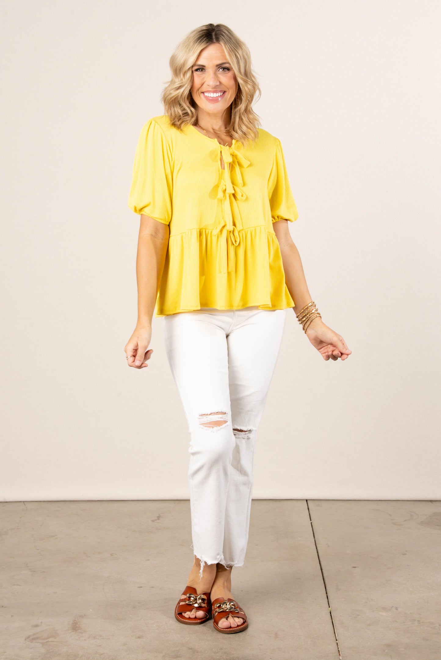 Ribbed Bow Front Babydoll Top in Lemon