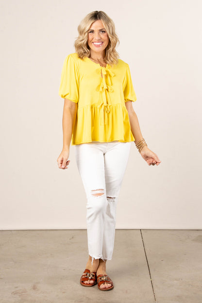 Ribbed Bow Front Babydoll Top in Lemon