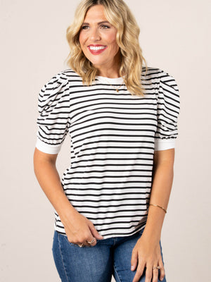 Striped Pleated Puff Sleeve Top in Black *Final Sale*