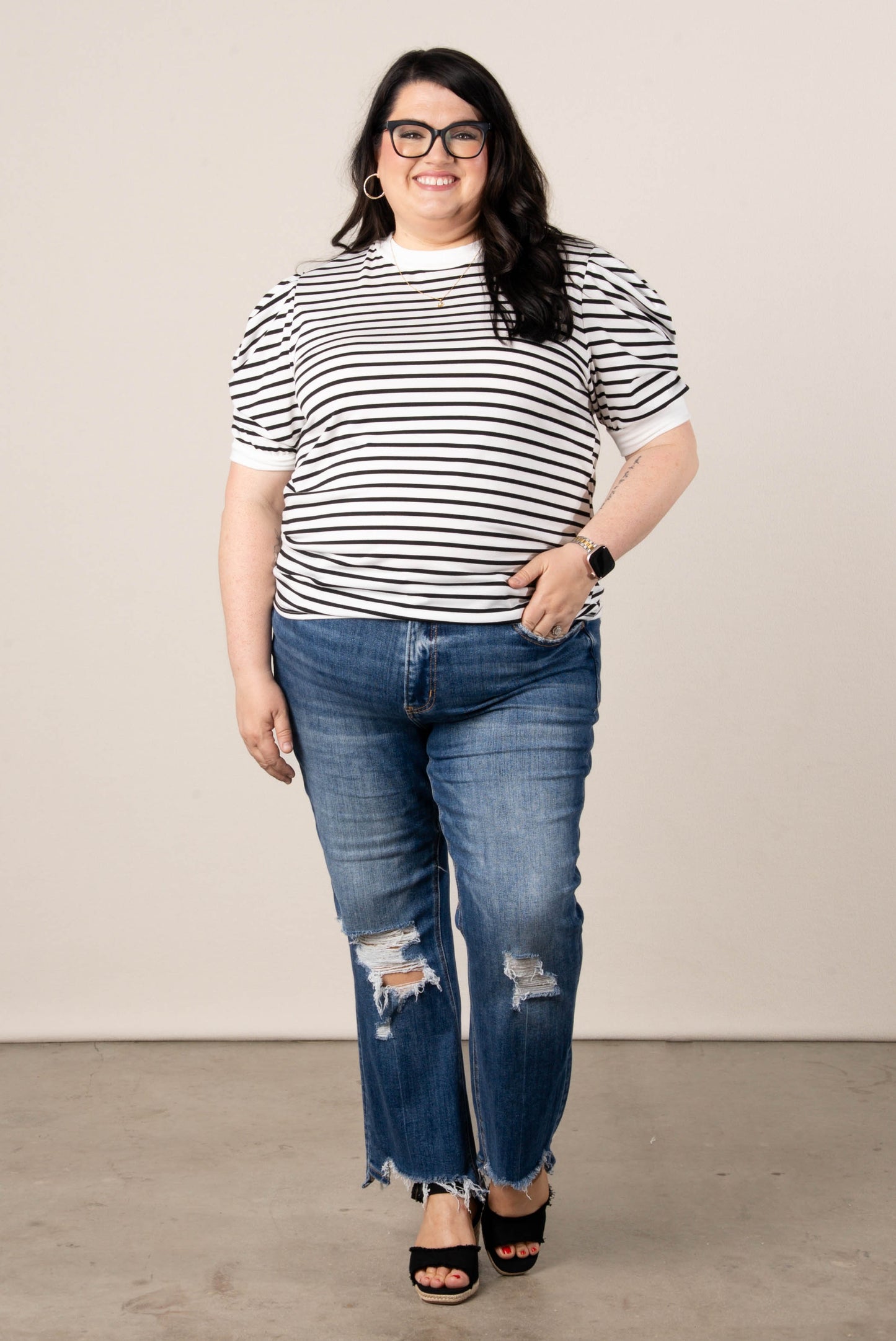 Striped Pleated Puff Sleeve Top