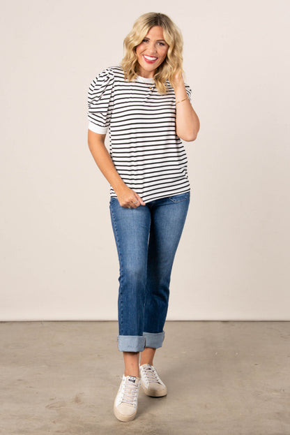 Striped Pleated Puff Sleeve Top