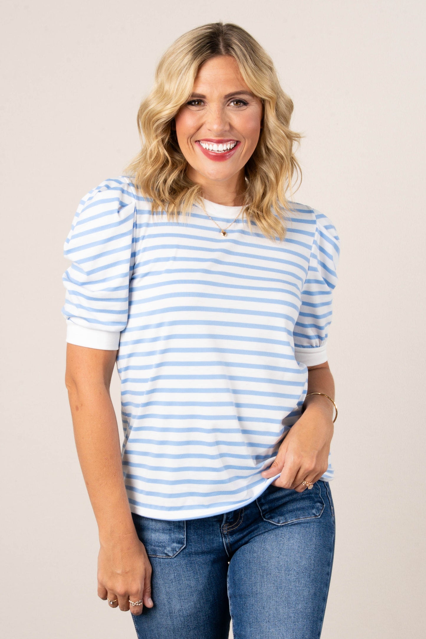 Striped Pleated Puff Sleeve Top