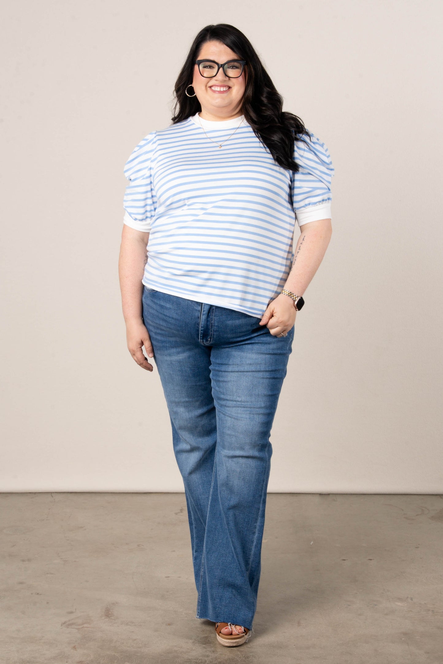 Striped Pleated Puff Sleeve Top
