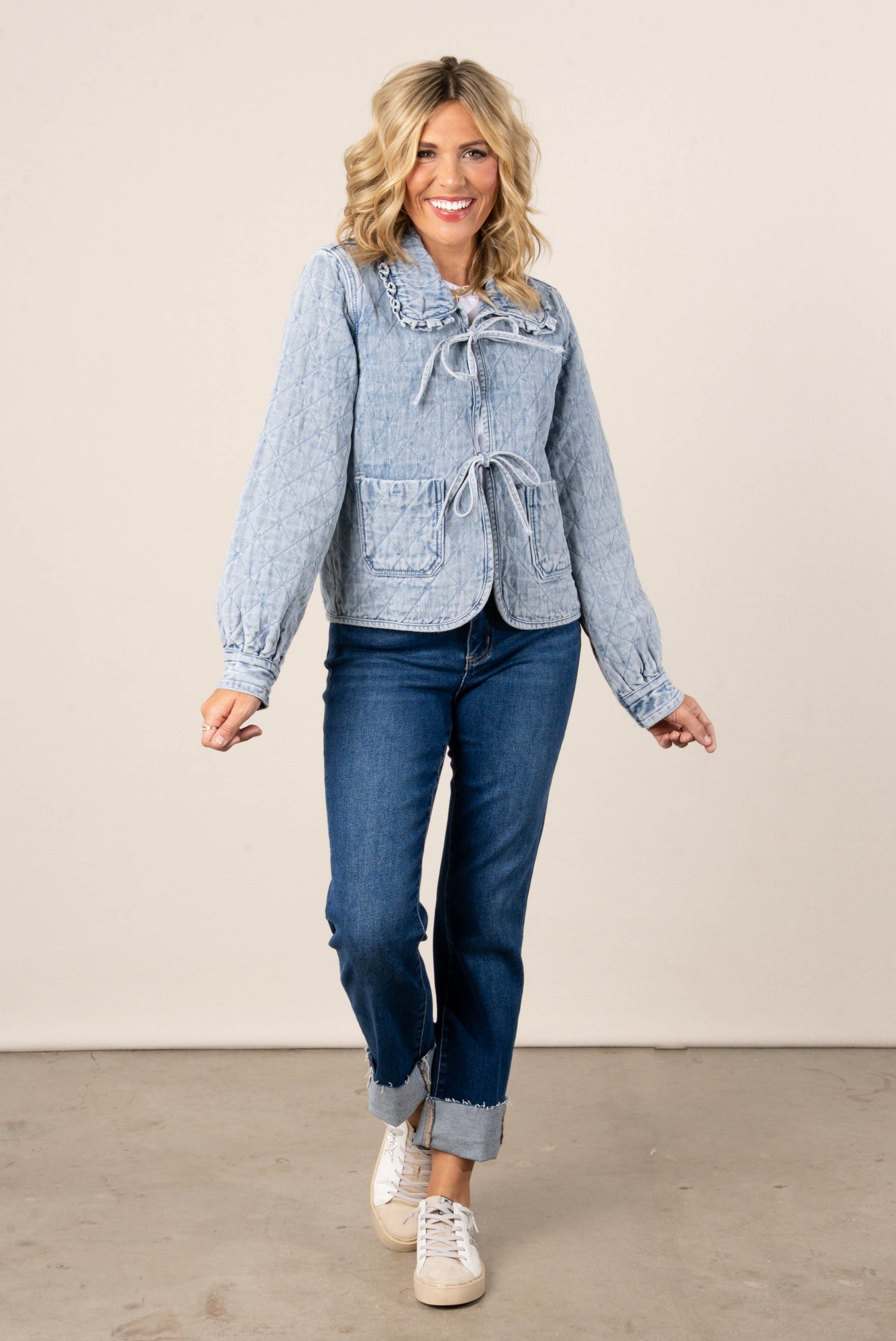 Quilted Bow Front Denim Jacket