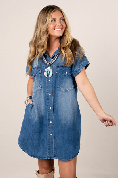 Chambray Pearl Snap Shirt Dress