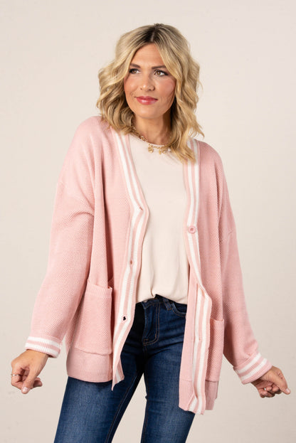 Textured Varsity Striped Button Up Cardigan