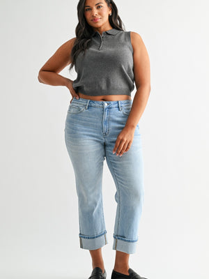 Mica Mid Rise Cuffed Crop Straight Leg Jeans