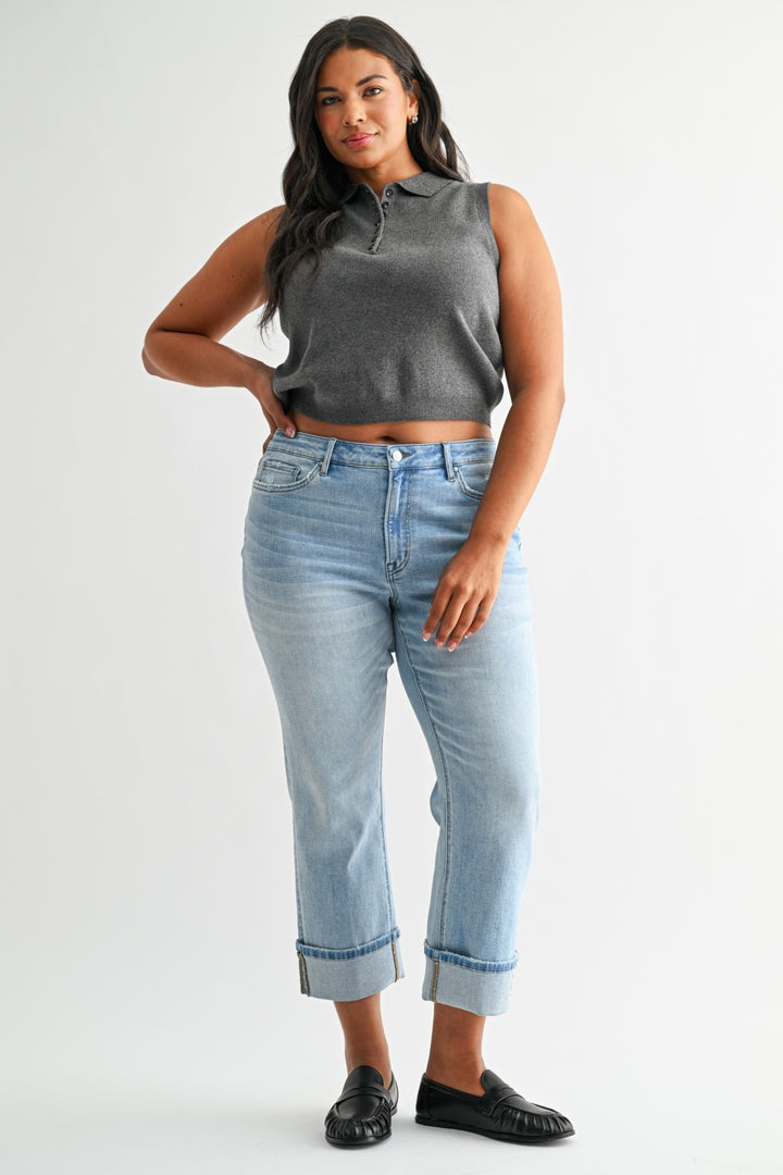 Mica Mid Rise Cuffed Crop Straight Leg Jeans