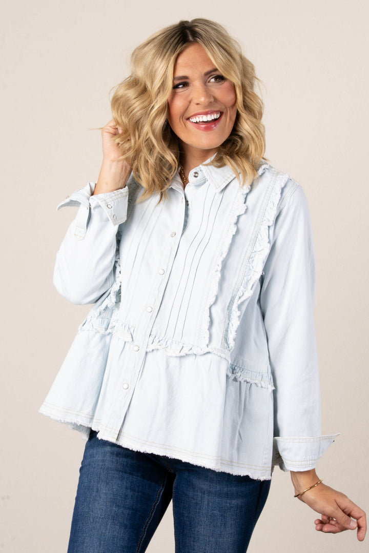 Pintucked Ruffle Snap Front Denim Shirt