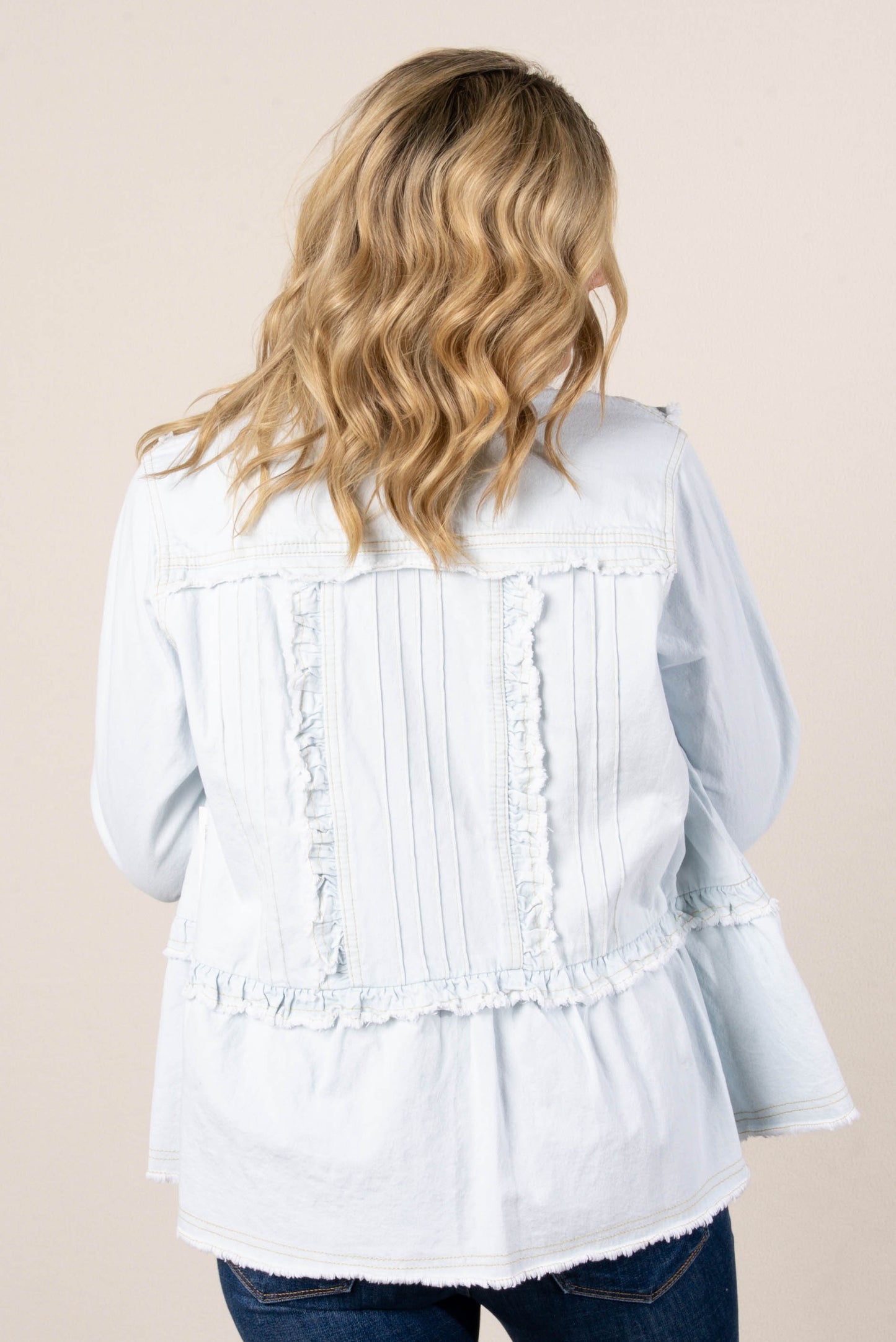 Pintucked Ruffle Snap Front Denim Shirt