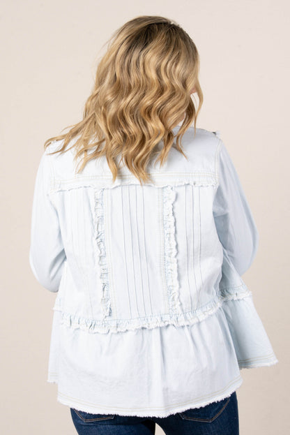 Pintucked Ruffle Snap Front Denim Shirt