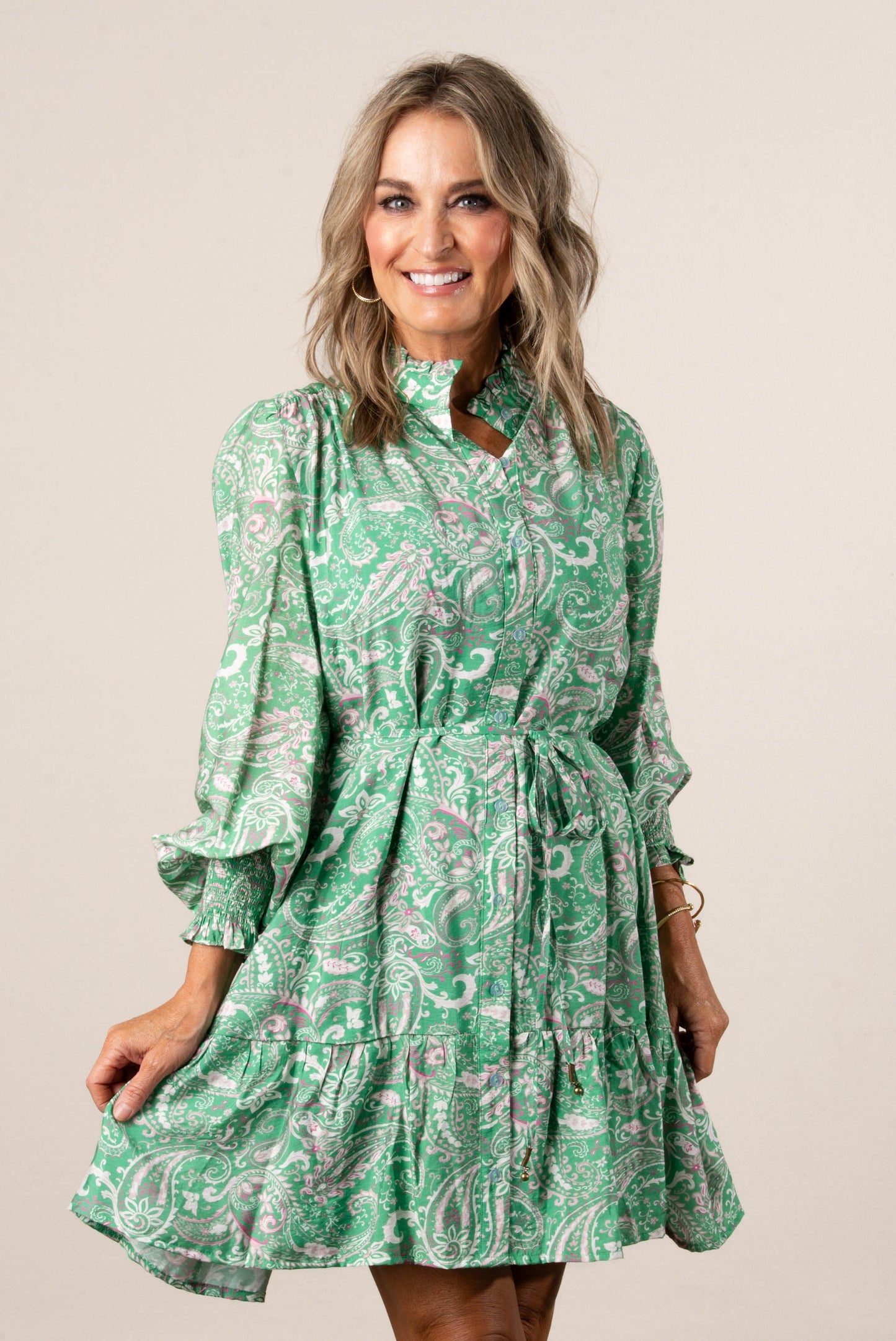 Paisley Print Ruffle Detail Button Down Dress