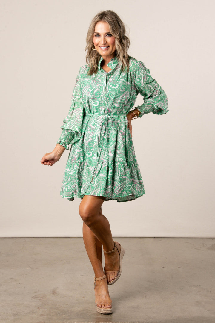 Paisley Print Ruffle Detail Button Down Dress