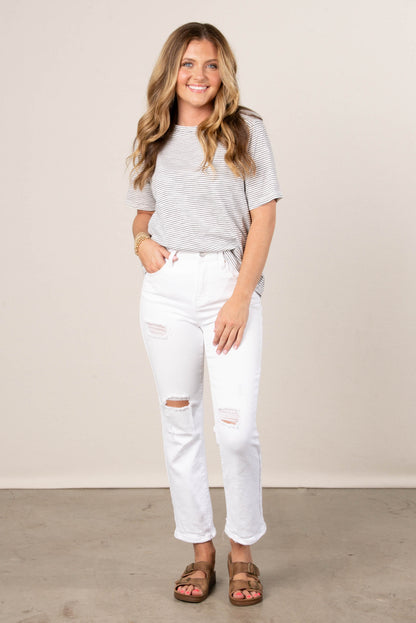 Pinstriped Round Neck Top