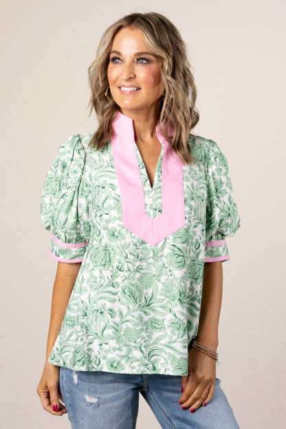 Floral Contrast Trim Top