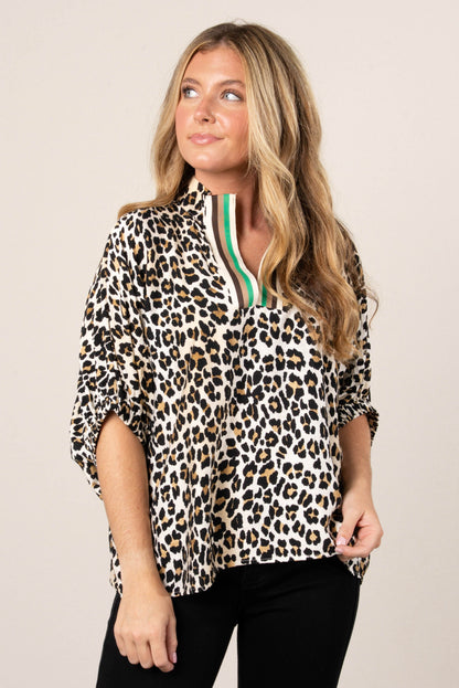 Leopard Contrast Split Neck Top