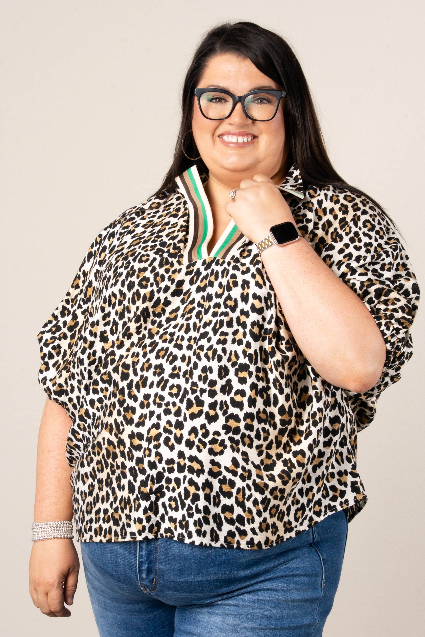Leopard Contrast Split Neck Top