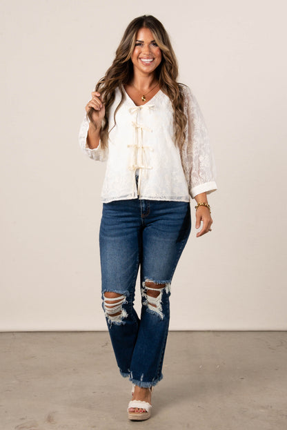 Lace Overlay Bow Front Blouse