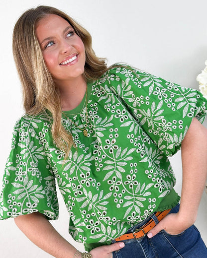 Lettie Leaf Embroidered Eyelet Top