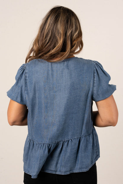Denim Lace Bow Front Peplum Top