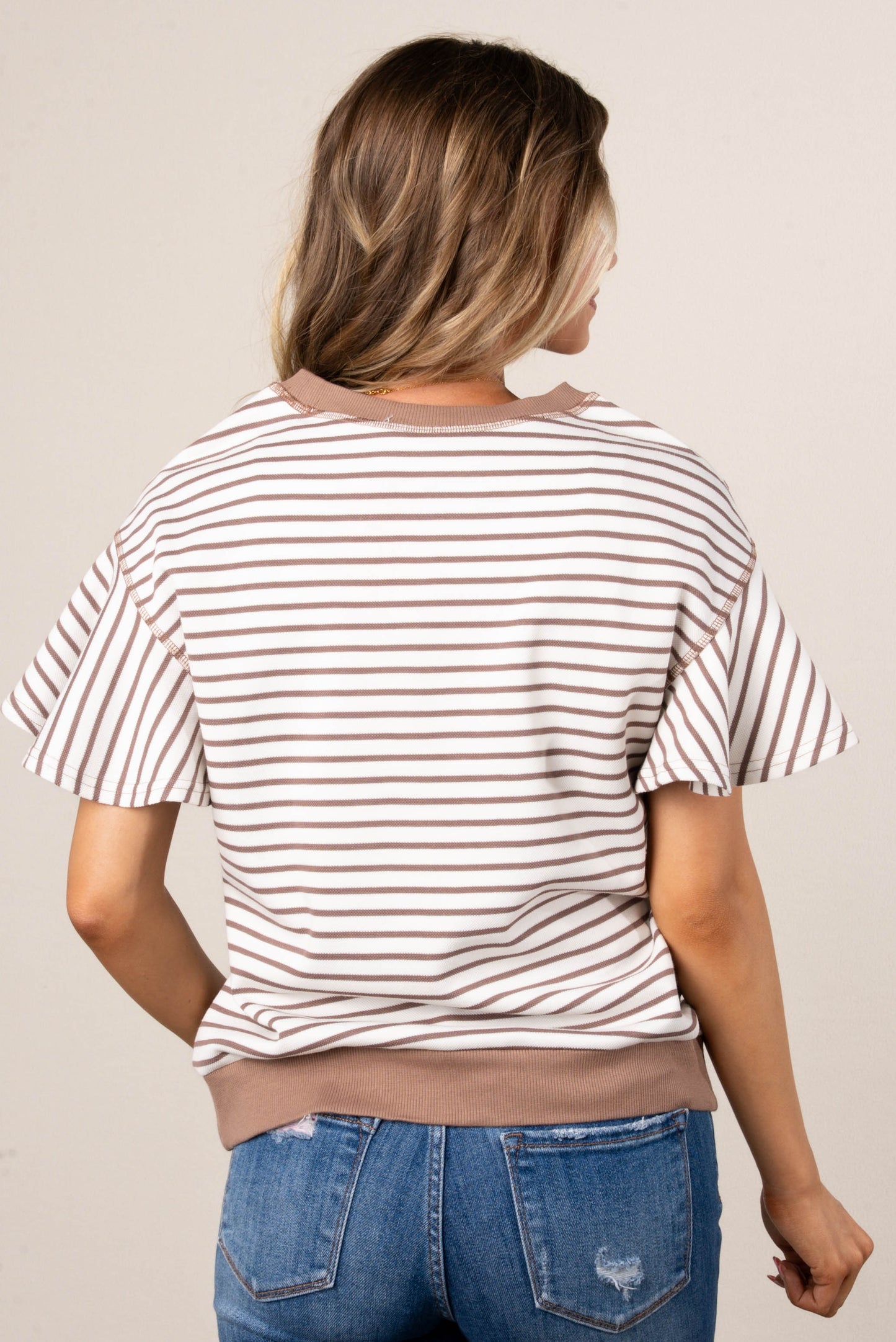 Stripe Top Stitch Ruffle Sleeve Top