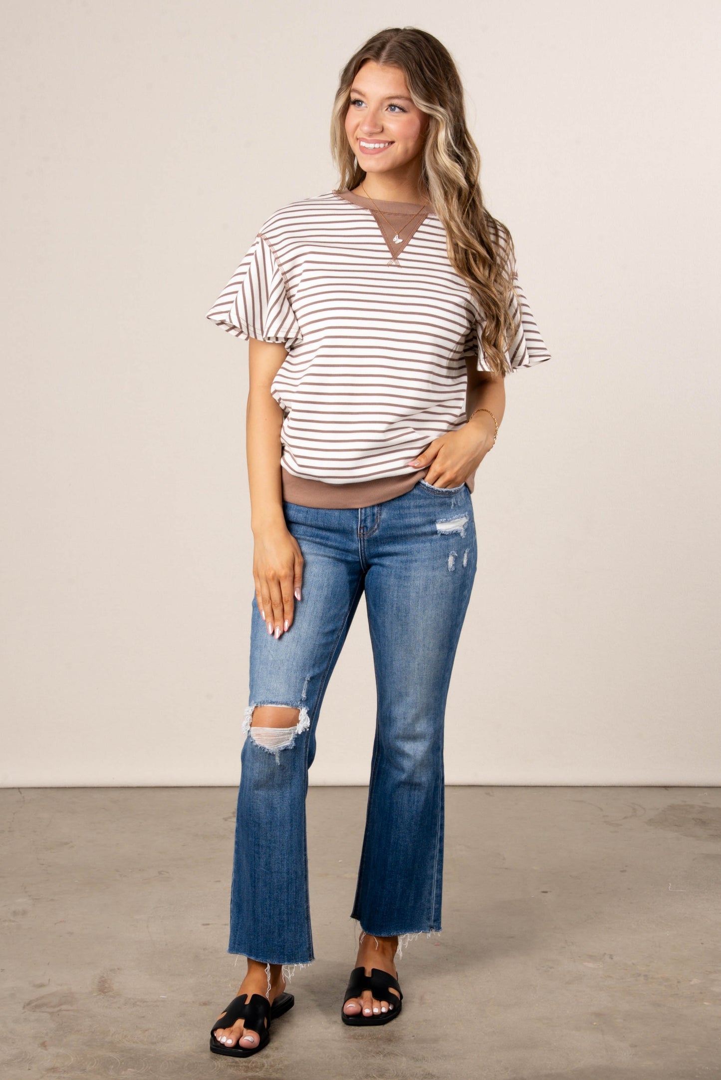 Stripe Top Stitch Ruffle Sleeve Top