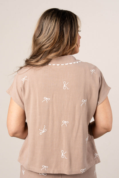 Linen Bow Embroidered Top + Pants Set