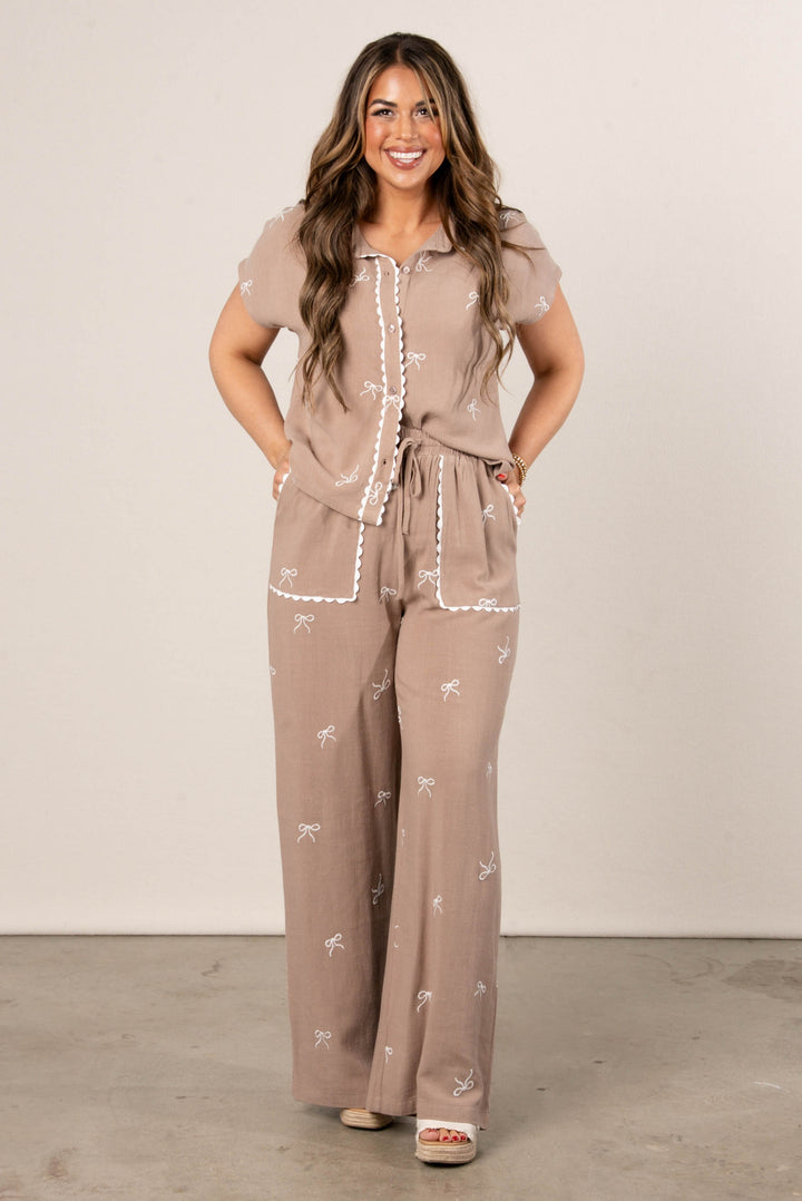 Linen Bow Embroidered Top + Pants Set