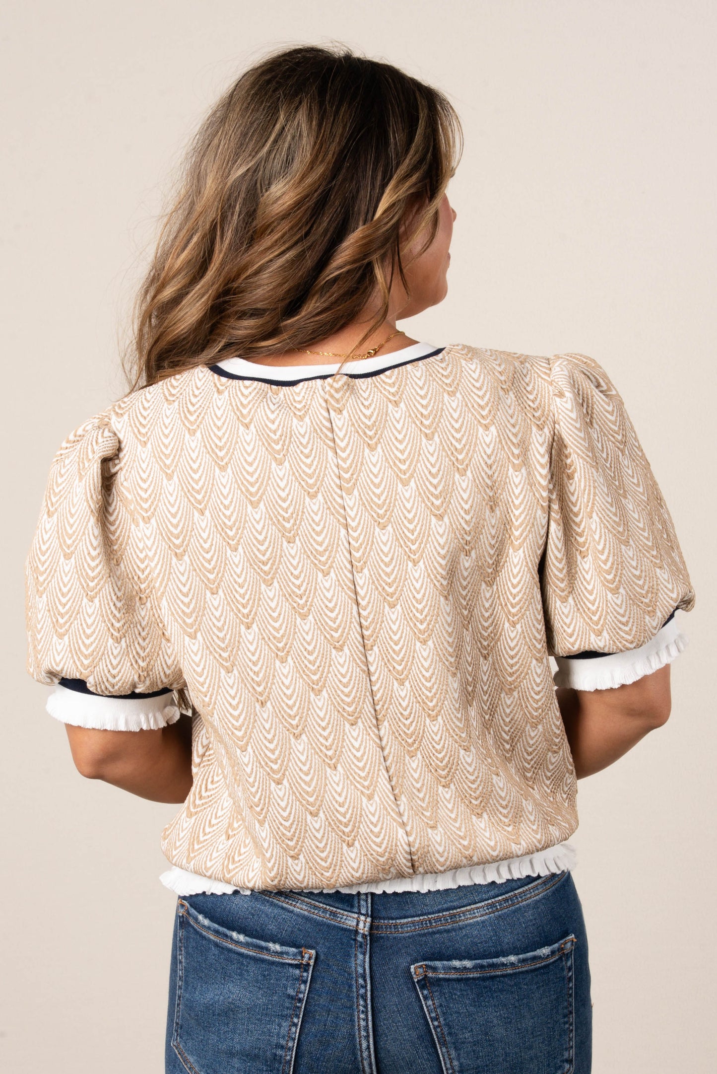 Jacquard Print Ruffle Trim Top